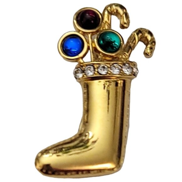 Monet Gold Tone Rhinestone Christmas Stocking Brooch Pin, Signed M749 - Picture 2 of 6